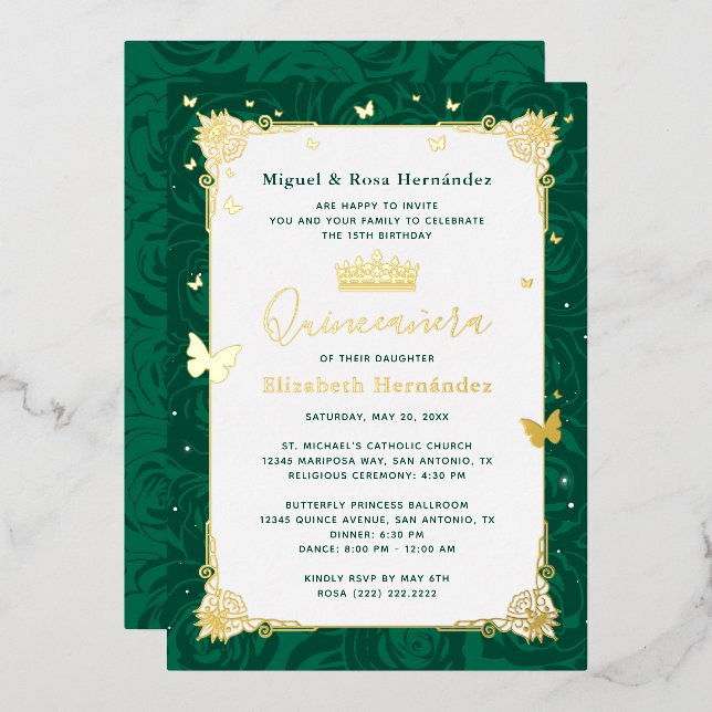 Emerald Green Quinceañera Elegant Butterfly (Front/Back)