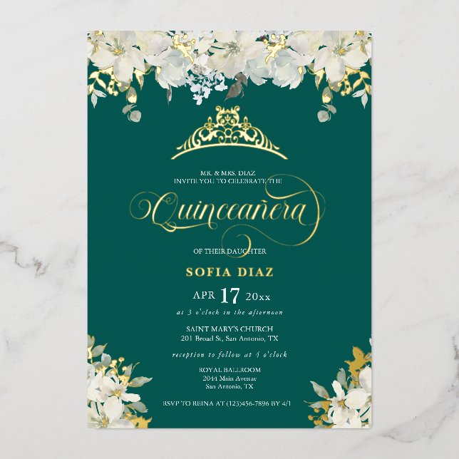 Emerald Green Quinceañera Floral Gold   (Front)