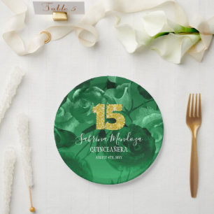 Emerald Green Quinceanera Gold #15  Paper Plates