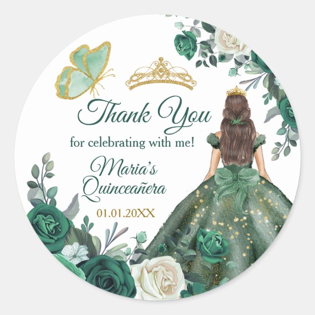 Emerald Green Quinceañera Gold Crown  Classic Round Sticker (Front)