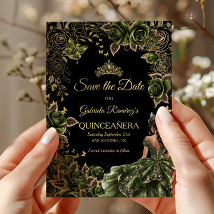 Emerald Green Quinceañera Golden Tiara Butterfly Save The Date