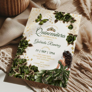 Emerald Green Quinceañera Golden Tiara Roses  Invitation