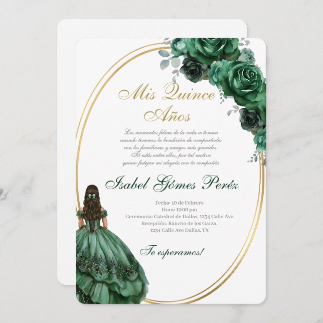 Emerald Green Quinceanera invitation in Spanish (Devant / Derrière)