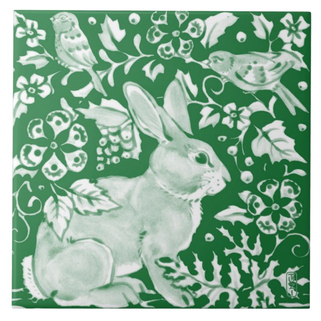Emerald Green Rabbit Bird Woodland Floral Art Tile (Front)