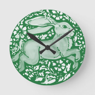 Emerald Green Rabbit Bunny Cottagecore Folk  Round Clock