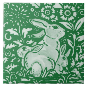 Emerald Green Rabbit Mom Family Chinoiserie Floral Tile