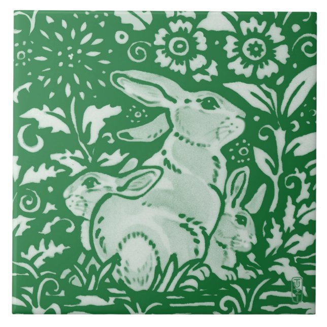 Emerald Green Rabbit Mom Family Chinoiserie Floral Tile (Front)