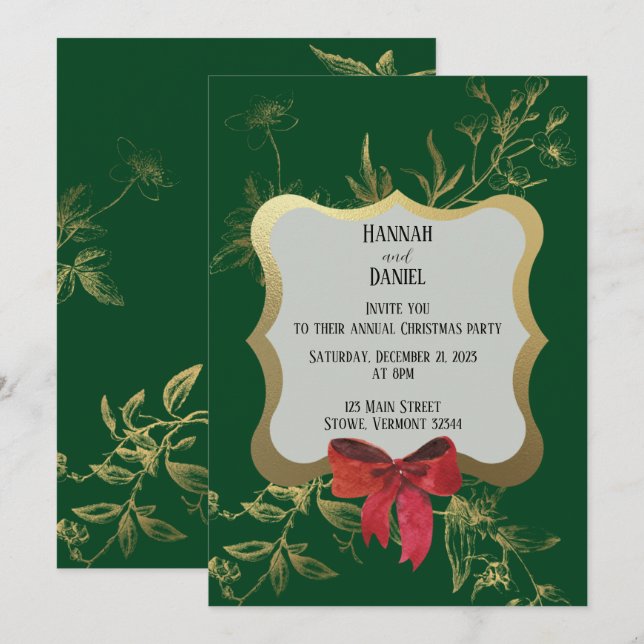 Emerald Green Red Bow Christmas Holiday Party Invitation (Front/Back)
