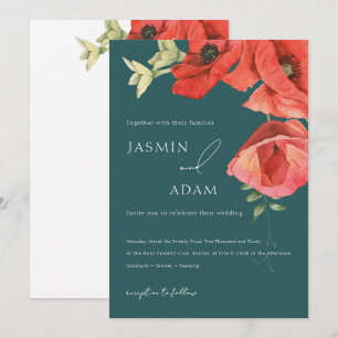 Emerald Green Red Poppy Floral Wedding Invitation