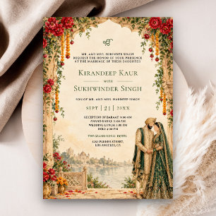 Emerald Green Red Roses Vintage Arch Sikh Wedding Invitation