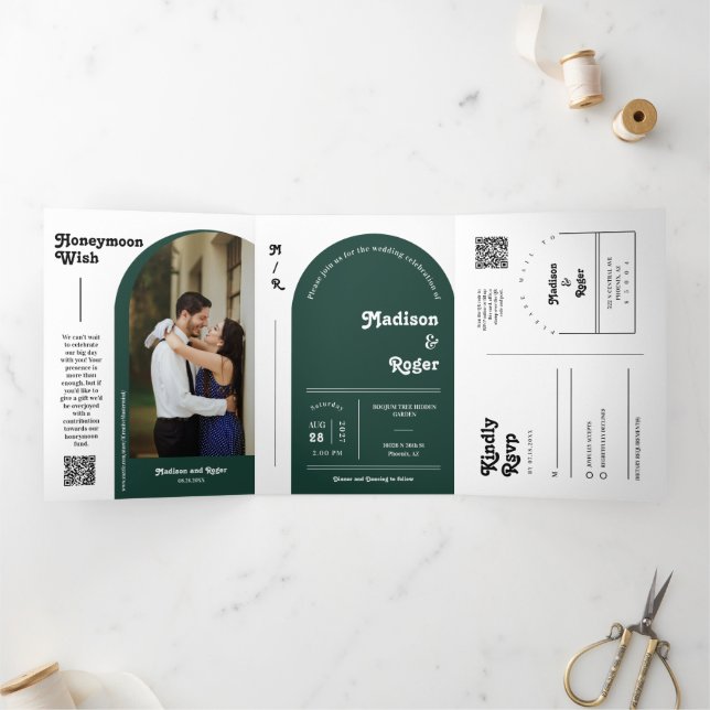 Emerald Green Retro Arch Photo QR Code Wedding Tri-Fold Invitation (Inside)