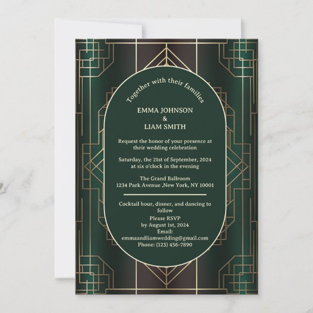 Emerald Green Roaring 20s Wedding Invitation (Front)