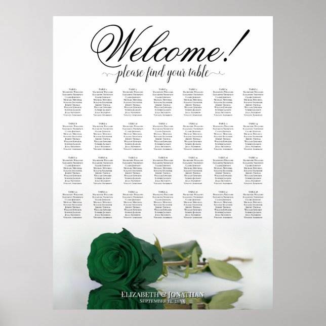 Emerald Green Rose 28 Table Wedding Seating Chart (Front)