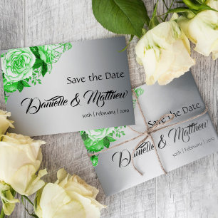 Emerald Green Rose Bouquet on Silver Wedding Announcement Postcard