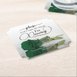 Emerald Green Rose Don't Take My Drink Wedding Paper Coaster<br><div class="desc">This wedding coaster is elegant, stylish, and fun! It features a photo of a single long-stemmed emerald green coloured rose lying on its side mirrored in a pool of water. The text reads "Please don't take my drink, I'm dancing" written in modern script lettering. There is space for the names...</div>