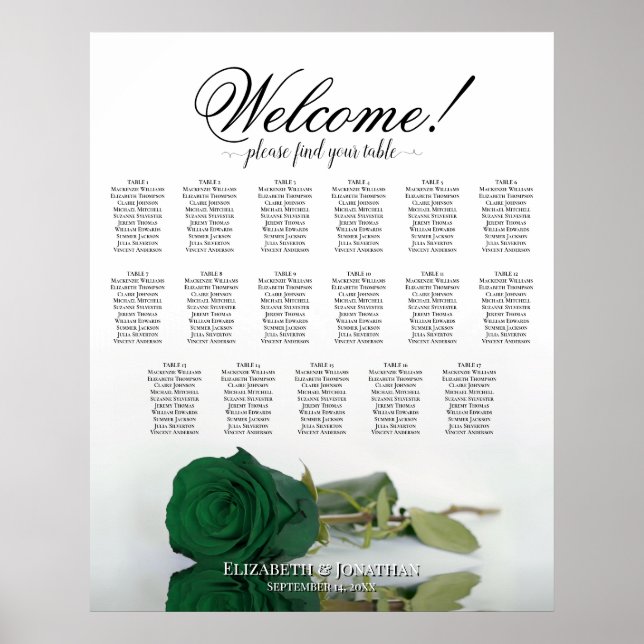 Emerald Green Rose Elegant 17 Table Seating Chart (Front)