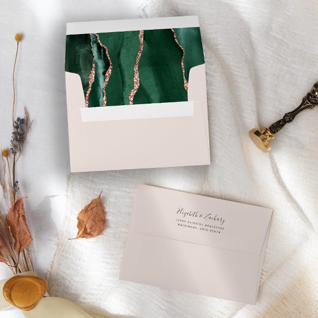 Emerald Green Rose Gold Agate Blush Wedding Envelope (Creator Uploaded)