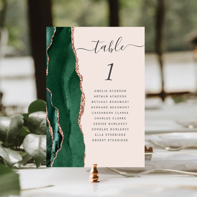 Emerald Green Rose Gold Agate Blush Wedding Table Number (Creator Uploaded)