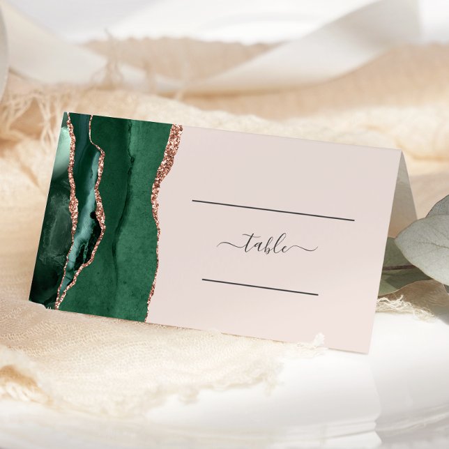 Emerald Green Rose Gold Agate Blush Wedding Table Place Card (Creator Uploaded)