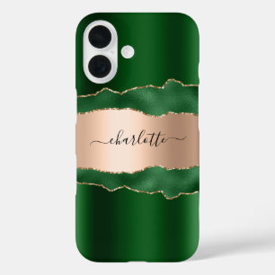 Emerald green rose gold agate marble name script iPhone 16 case