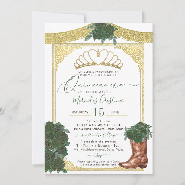 Emerald Green Rose Gold Floral Charro Quinceanera Invitation (Front)