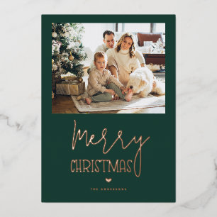 Emerald Green Rose Gold Merry Christmas Photo Foil Holiday Card