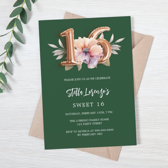 Emerald green rose gold peach floral Sweet 16 Invitation (Creator Uploaded)