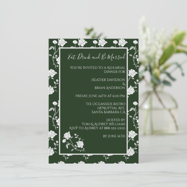 Emerald Green Rose Rehearsal Dinner Invitation (Standing Front)