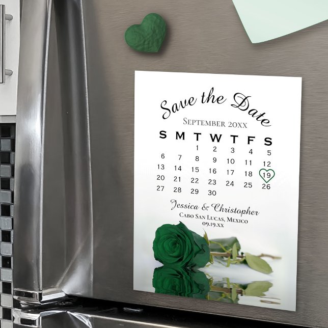 Emerald Green Rose Save the Date Calendar Magnet (On Refrigerator)