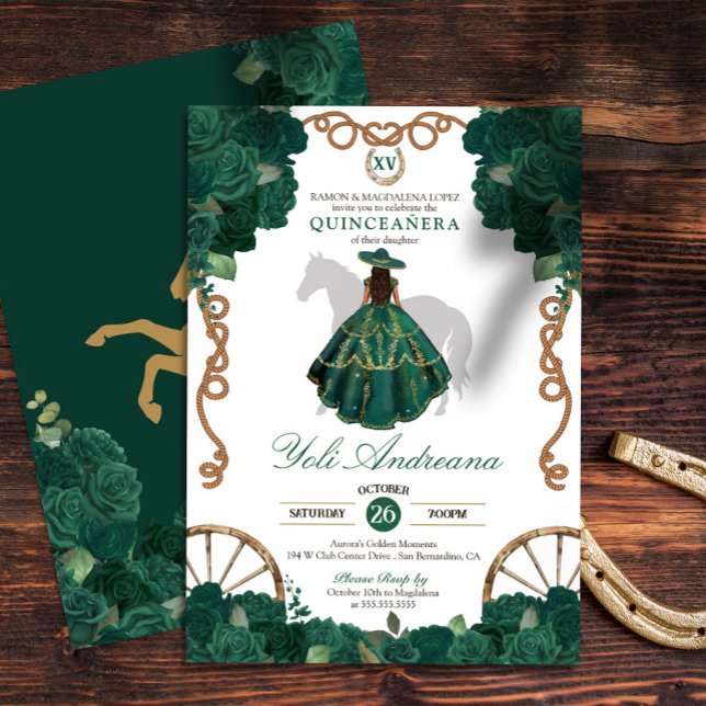 Emerald Green Rose Western Quinceanera Invitation (Creator Uploaded)