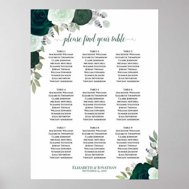 Emerald Green Roses 9 Table Wedding Seating Chart (Front)