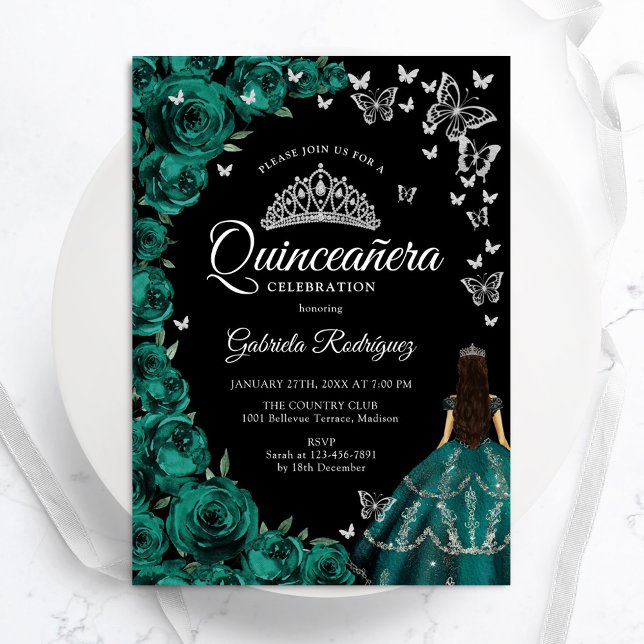 Emerald Green Roses Butterflies Quinceanera Invitation (Creator Uploaded)