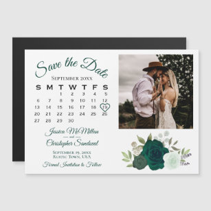 Emerald Green Roses Calendar & Photo Save the Date Magnetic Invitation