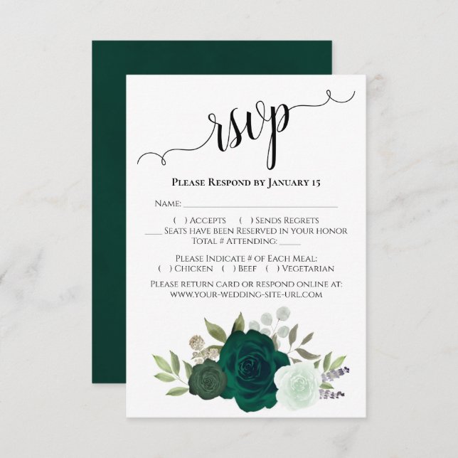 Emerald Green Roses Elegant Boho Chic Wedding RSVP Card (Front/Back)