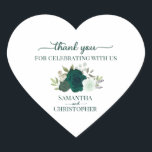 Emerald Green Roses Elegant Wedding Thank You Heart Sticker<br><div class="desc">These beautiful heart shaped thank you stickers are perfect as wedding favour tags or envelope seals. They feature a beautiful rustic boho chic design with your names and the wedding date with a lovely cluster of hand painted watercolor roses and foliage in shades of emerald,  forest,  and mint green.</div>
