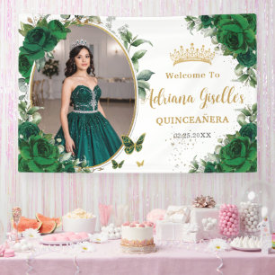 Emerald Green Roses Floral Quinceañera Photo Banner