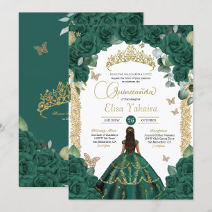 Emerald Green Roses & Gold Butterfly Quinceanera Invitation