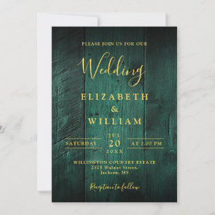 Emerald Green Rustic Barn Wood All In One Wedding Invitation