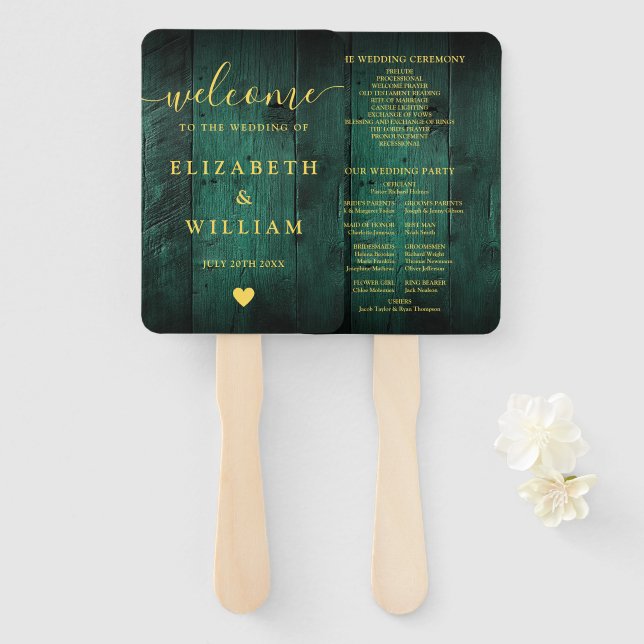 Emerald Green Rustic Barn Wood Wedding Program Hand Fan (Front and Back)