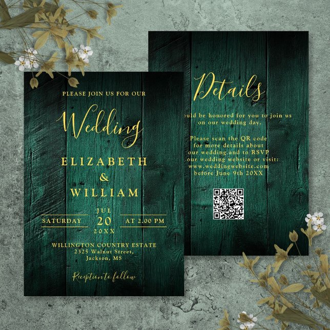 Emerald Green Rustic Barn Wood Wedding QR Code Invitation (Emerald Green Rustic Barn Wood Wedding QR Code Invitation)