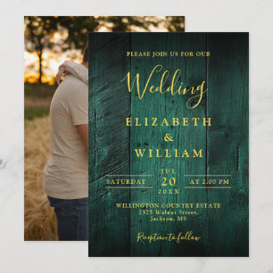 Emerald Green Rustic Boho Barn Wood Photo Wedding Invitation