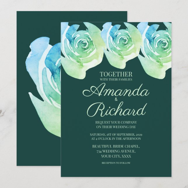 Emerald green Rustic Rose Botanical Garden Wedding Invitation (Front/Back)
