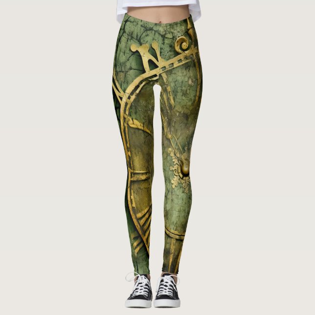 Emerald Green Rustic Steampunk Clock (12) Leggings (Front)