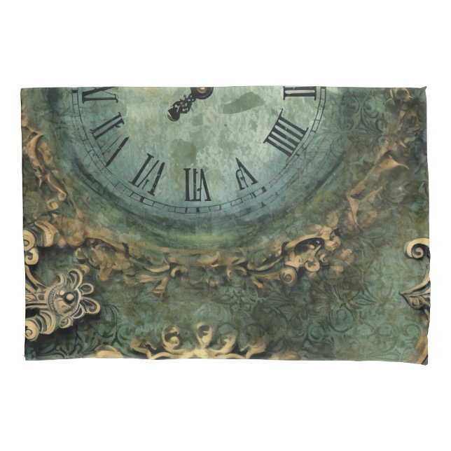 Emerald Green Rustic Steampunk Clock (1) Pillowcase (Front-Left)