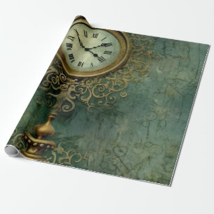 Emerald Green Rustic Steampunk Clock (2) Wrapping Paper
