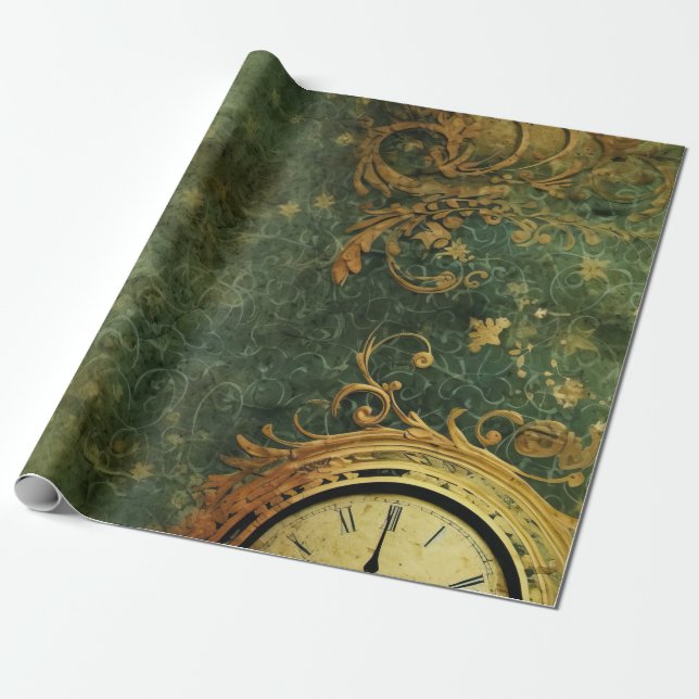 Emerald Green Rustic Steampunk Clock (6) Wrapping Paper (Unrolled)