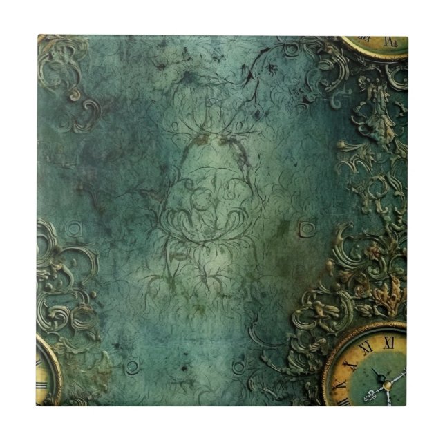 Emerald Green Rustic Steampunk Clock (8) Tile (Front)