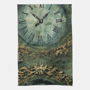 Emerald Green Rustic Steampunk Clock Kitchen Towel