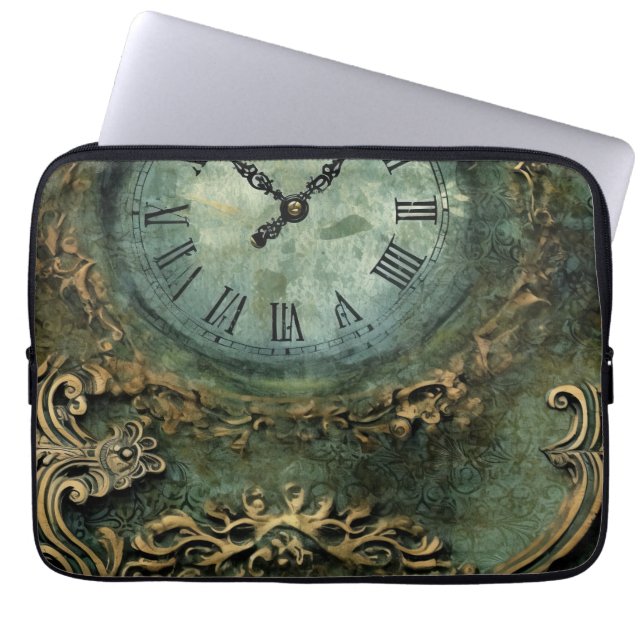 Emerald Green Rustic Steampunk Clock Laptop Sleeve (Front)