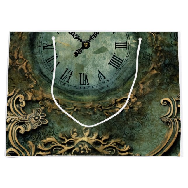 Emerald Green Rustic Steampunk Clock Large Gift Bag (Front)